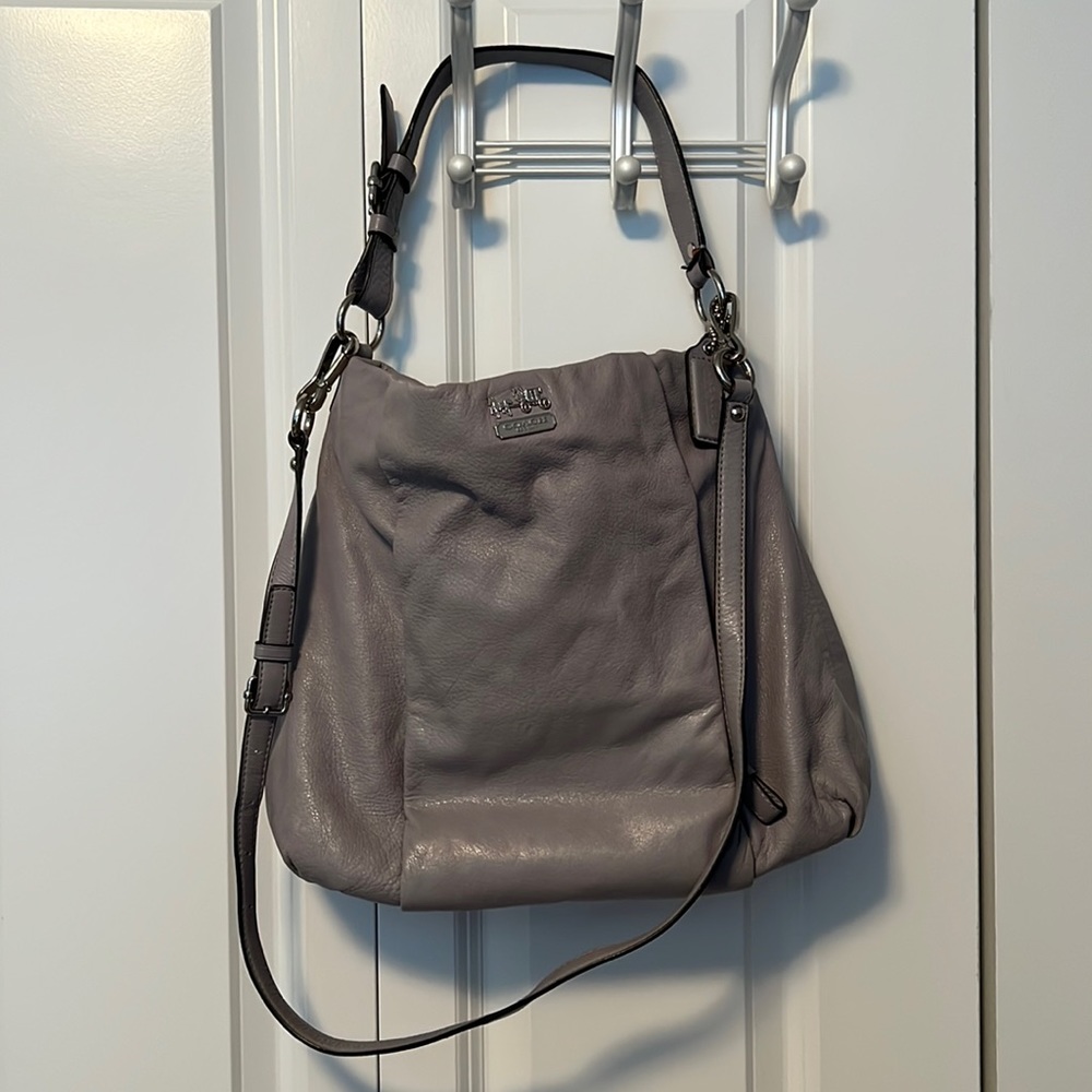 Coach Crossbody Bag. Grey color with lime green interior.